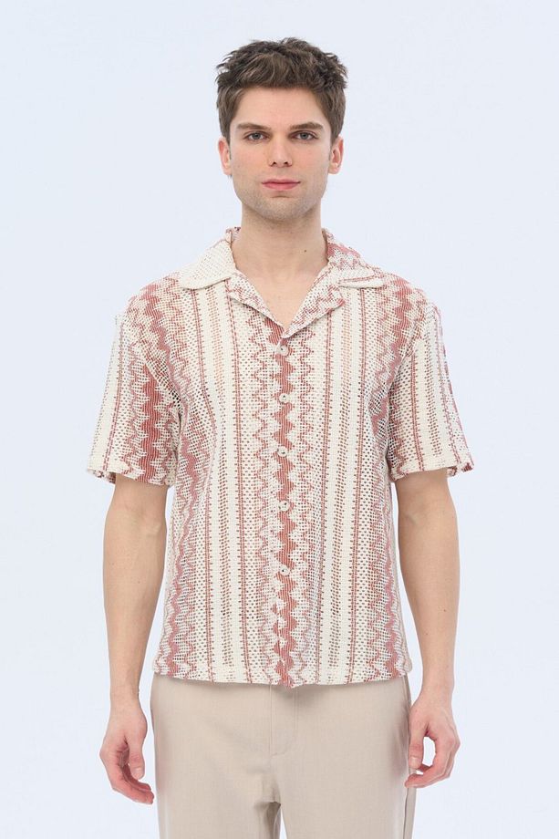 Etnik Desenli Oversize Örme Gömlek - 1