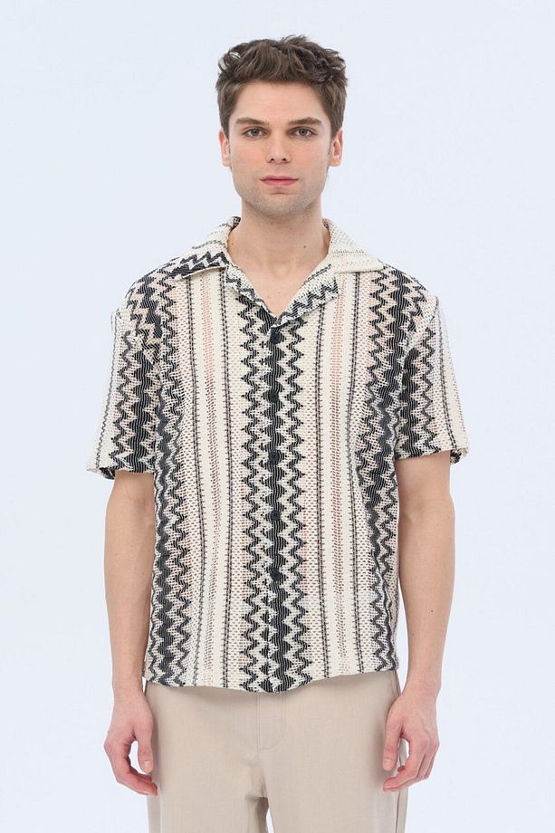 Etnik Desenli Oversize Örme Gömlek - 1
