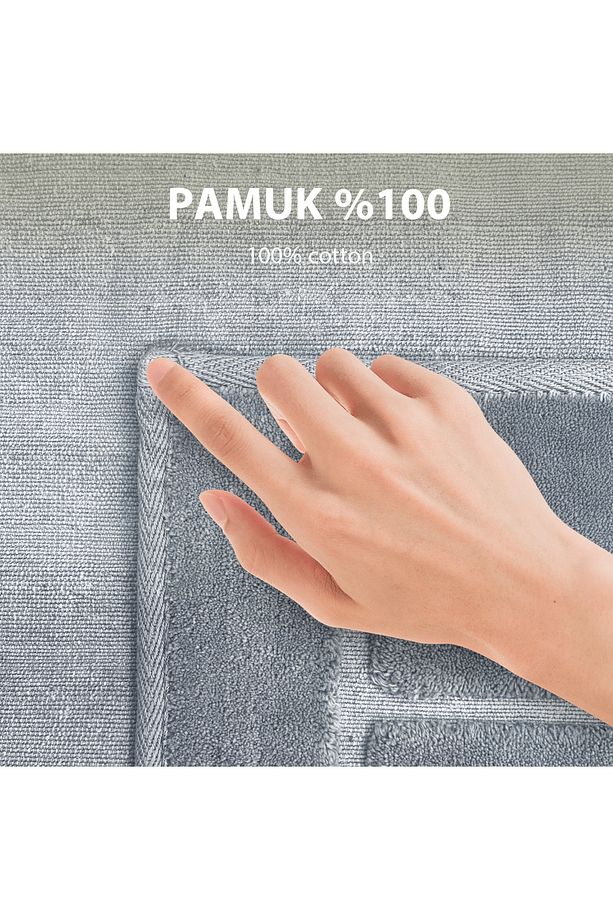 Line Köşeli Gri 2'li Pamuklu Banyo Halısı Paspası Seti Klozet Takımı - 3
