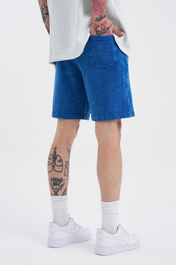 Erkek Luxury Basic Yıkamalı Relaxed İndigo Spotted Şort - 4