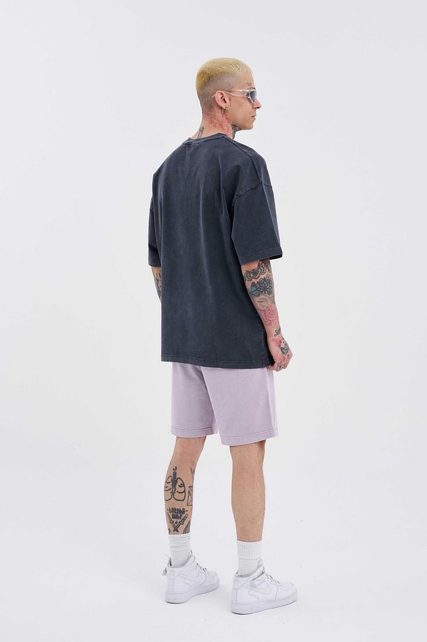 Erkek Luxury Basic Yıkamalı Relaxed Lila Spotted Şort - 5
