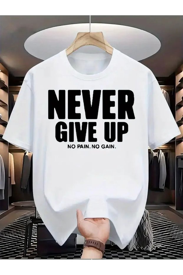 Men T-Shirt "Never Give Up" Print, Knitted Fabric, , Regular Size, Summer Short Sleeve Casual Wear