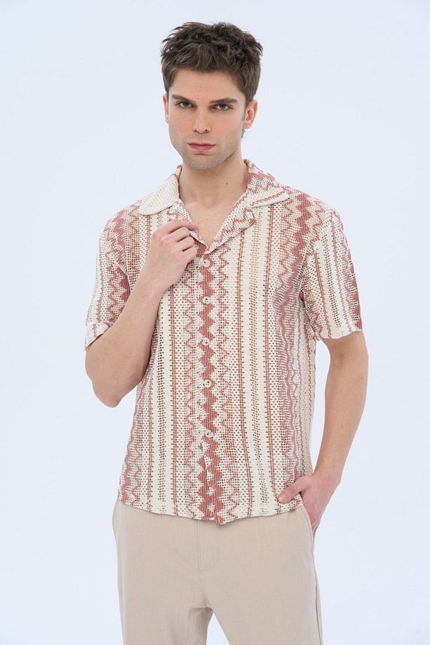 Etnik Desenli Oversize Örme Gömlek - 4