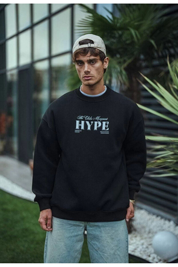 Three Thread Crew Neck Printed Sweatshirt - Black - 2