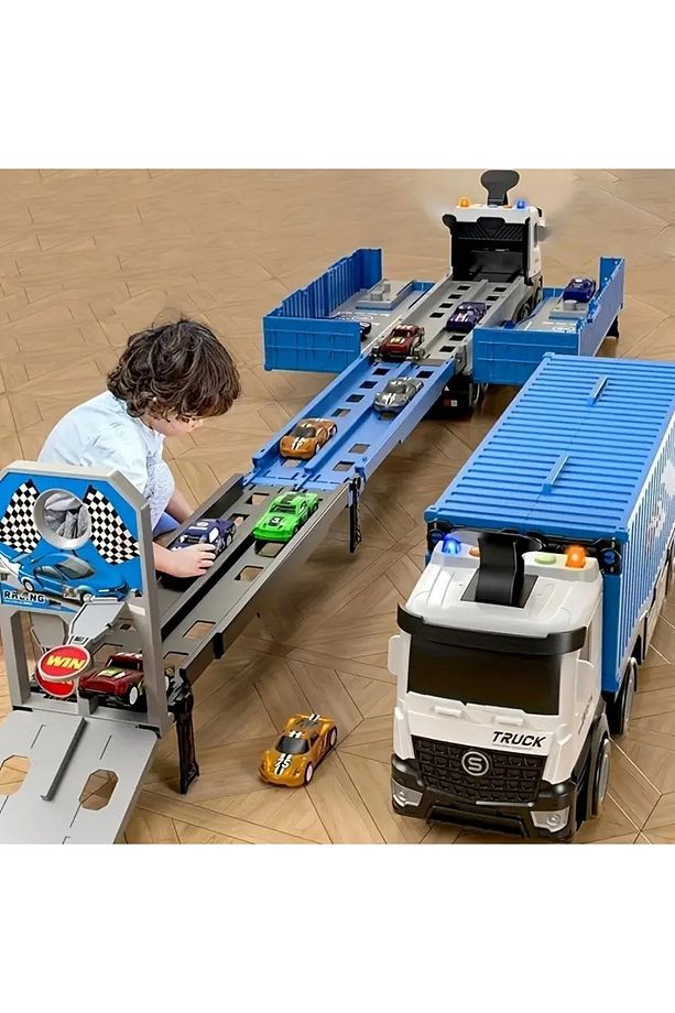 Geniş Çift Katmanlı Park Yolu  Alaşımlı Araba Taşıma Kamyonu Seti, 8 Alaşımlı Yarış Modeli İçerir - 1