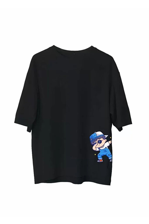 Unisex Crew Neck Printed Oversize T-Shirt - Black
