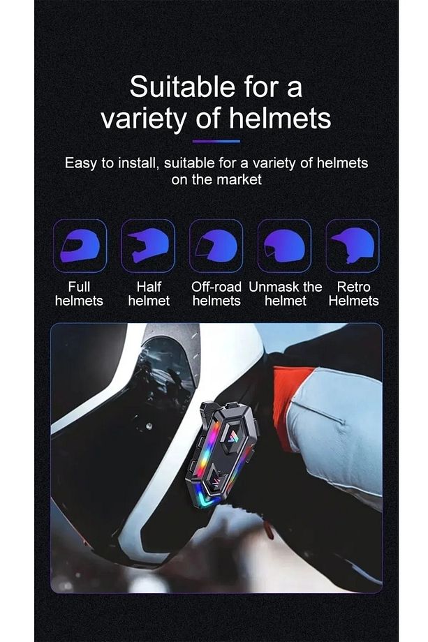 V20 Motosiklet Intercom Bluetooth Kask İnterkom Stereo Ses, Gürültü Azaltma, RGB Renkli Işıklı - 2