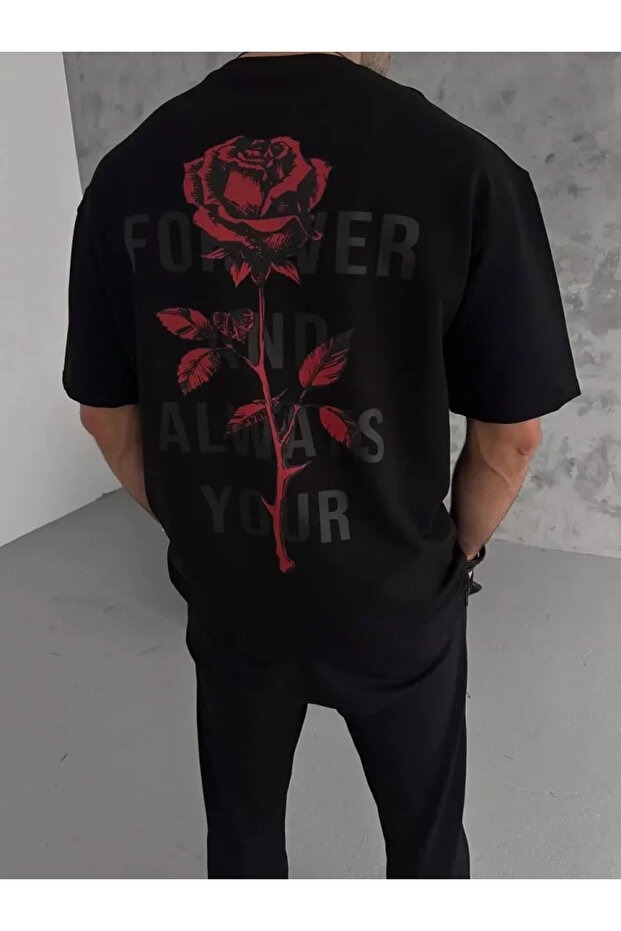 Unisex Crew Neck Printed Oversize T-Shirt - Black