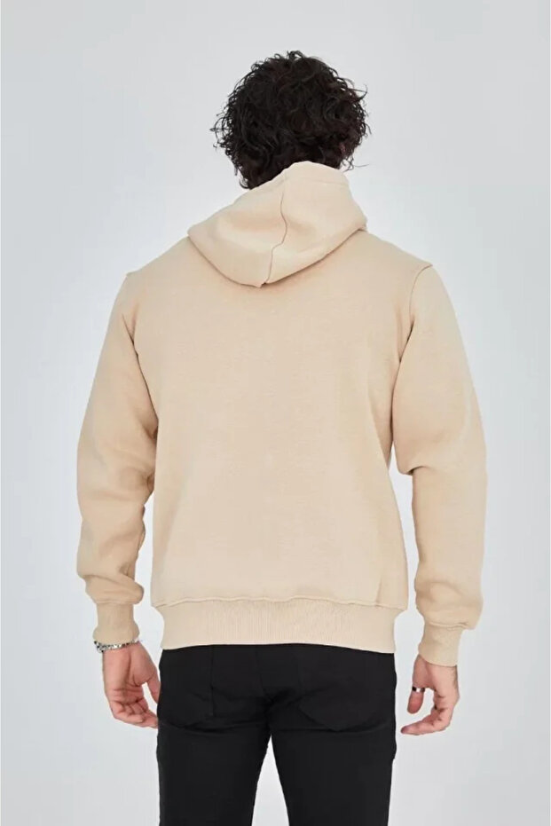 Men's Hooded Printed Zippered Cardigan - Beige