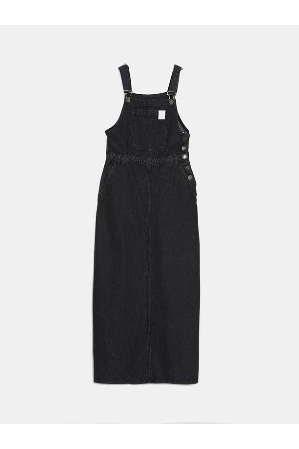 LCW Modest Kare Yaka Baskılı Askılı Kadın Jean Salopet Elbise - 1