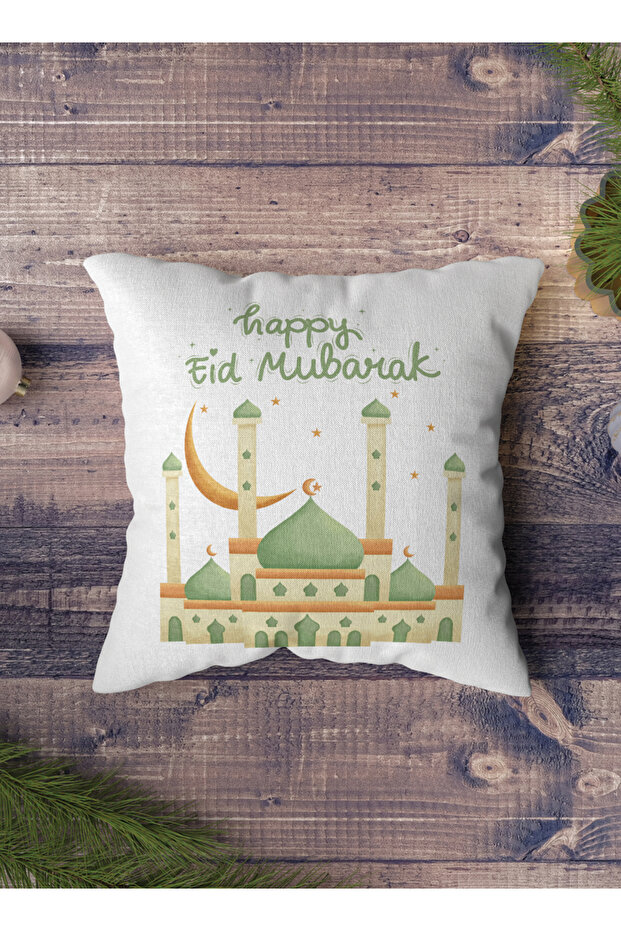 غطاء وسادة من البوليستر مع تصميم عيد مبارك سعيد مع مسجد