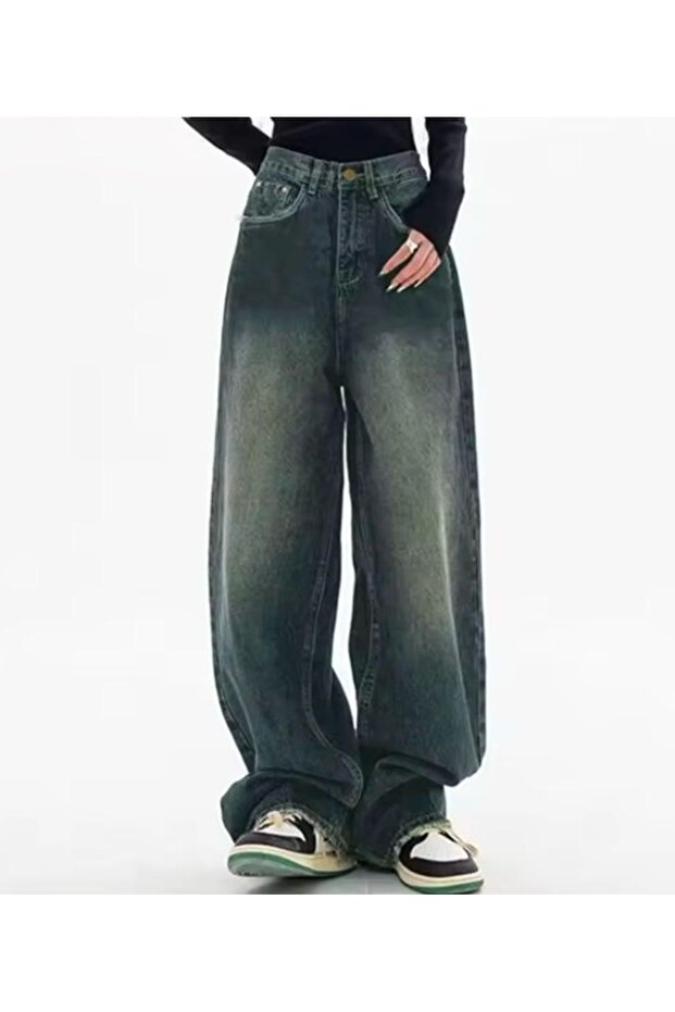 Green Washed Wide Leg Baggy Jean Trousers Rotro
