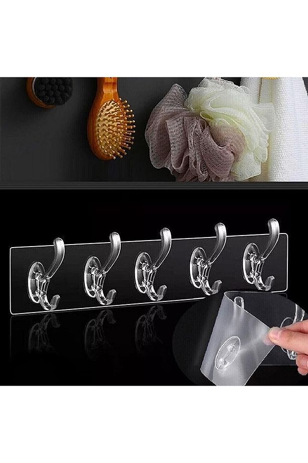 Kendinden Yapışkanlı 2 Adet Şeffaf 5li Askılık Kapı Arkası Mutfak Duvar Banyo Askı - 3