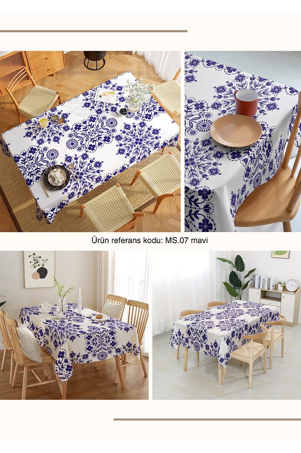 Mavi Çiçek Motif Desenli Dijital Baskı Dertsiz Kumaş Masa Örtüsü - 5