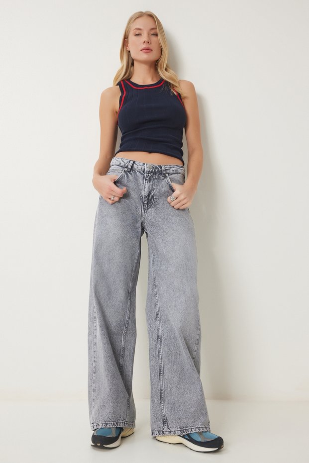 Washable Wide Leg Jeans Gray Lus0098
