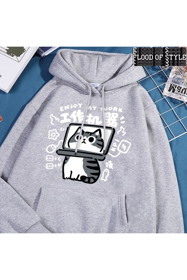 Hip Hop Harajuku Vintage Style Fun Tool Cat Print Gray