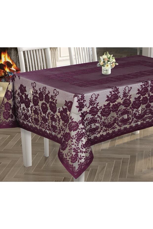 Güllü Desen Örme Masa Örtüsü Mor - 3