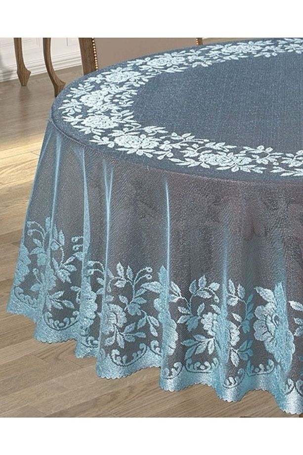 Güllü Desen Kdk Örme Tül 160 Cm Yuvarlak Masa Örtüsü (MAVİ) - 1