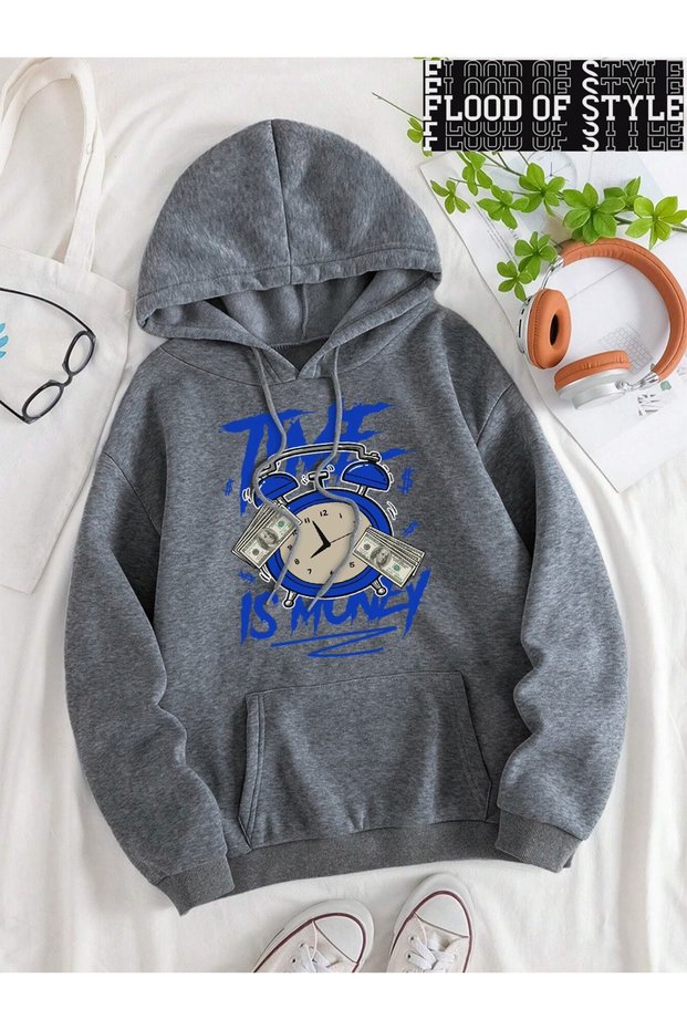 Hip Hop Harajuku Vintage Style Time Money Print Hoodies Gray