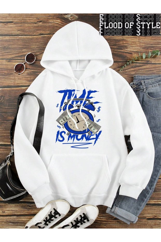 Hip Hop Harajuku Vintage Style Time Money Print Hoodies White