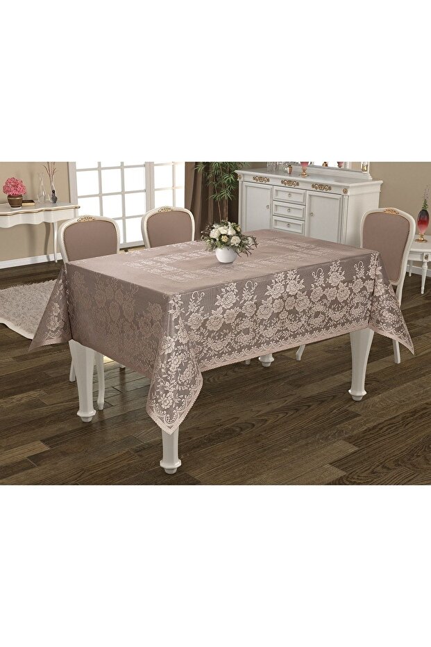 مفرش طاولة محبوك بنمط الورد بني - 2