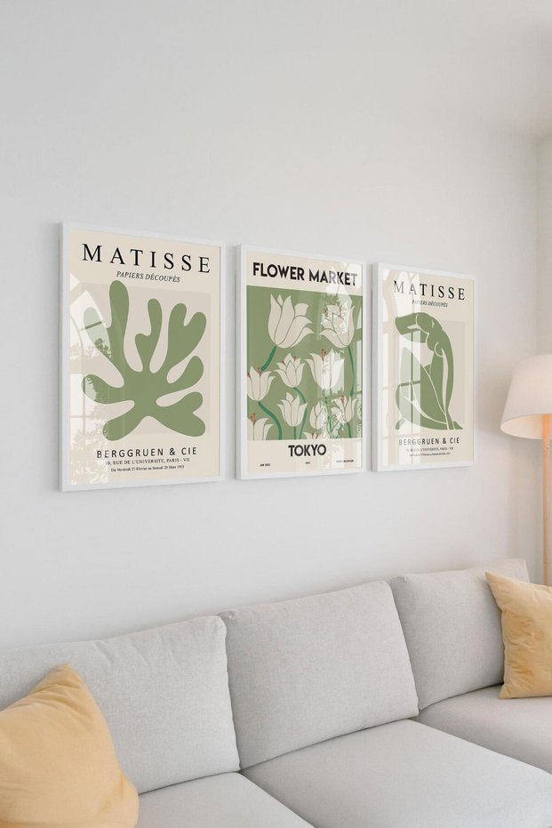 Framed Green Tone Matisse "Papiers Découpés" Collection: the Grace of Nature 3-Piece Premium Painting Se