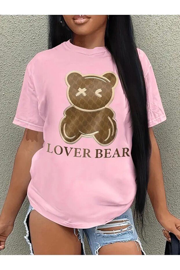 Bear in Love Printed T-Shirt, Short Sleeve Crew Neck Casual Top for Summer and Spring, Women's Clothing