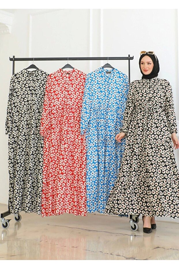 Çiçek Desenli Önü Bağlamalı Elbise / Kırmızı - 4