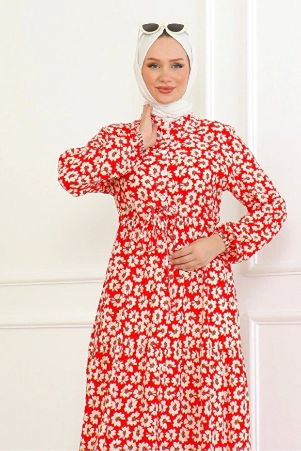 Çiçek Desenli Önü Bağlamalı Elbise / Kırmızı - 2