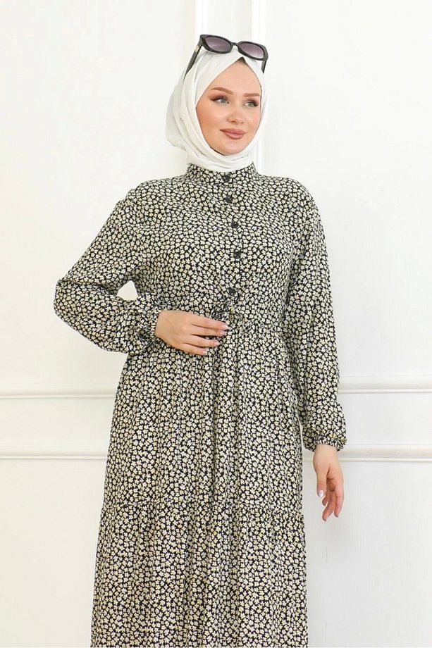 Çiçek Desenli Viskon Elbise - Siyah - 6