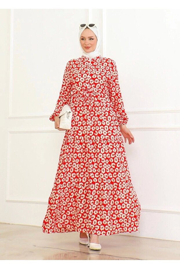 Çiçek Desenli Önü Bağlamalı Elbise / Kırmızı - 5