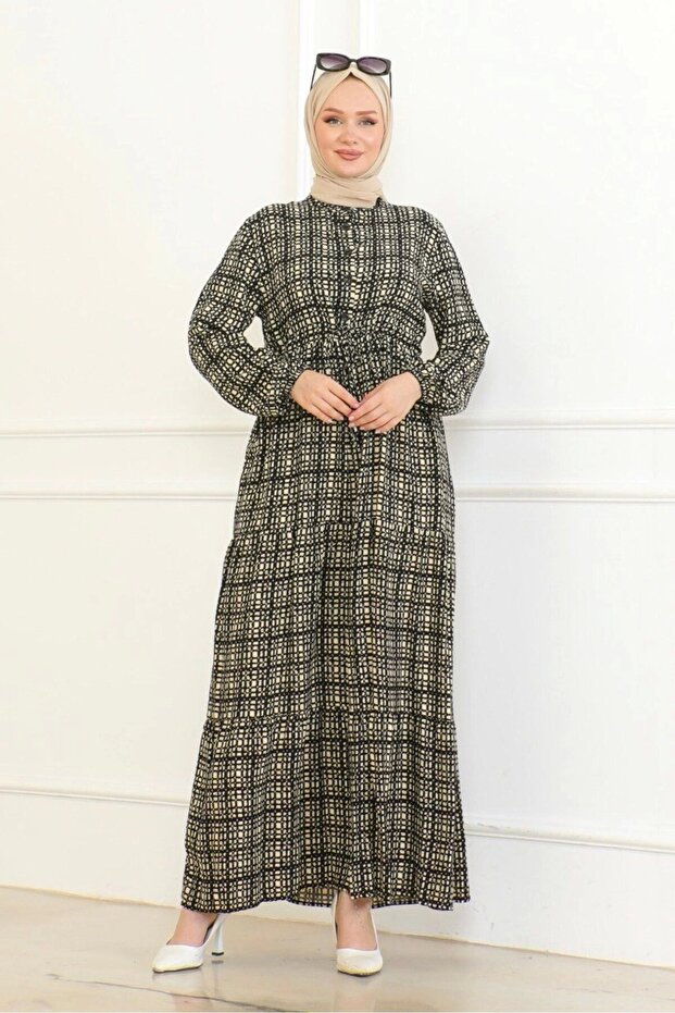 Patterned Viscose Dress - Black/Cream