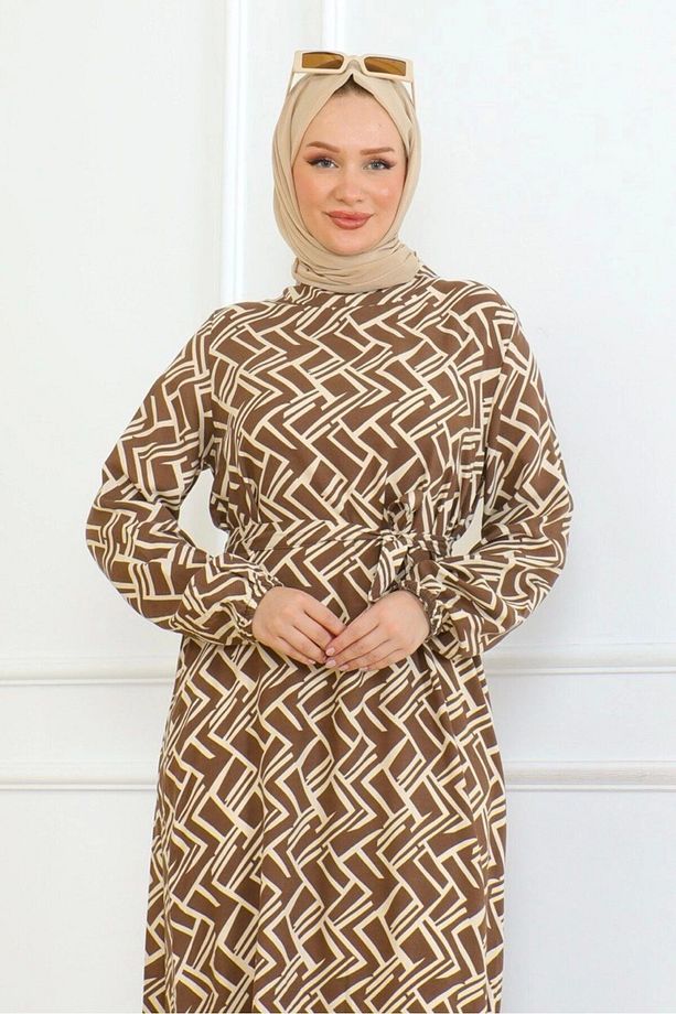 Çizgi Desenli Elbise - Taba - 6