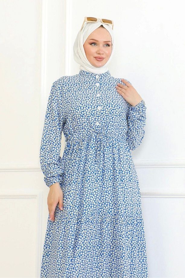 Çiçek Desenli Viskon Elbise - Mavi - 6