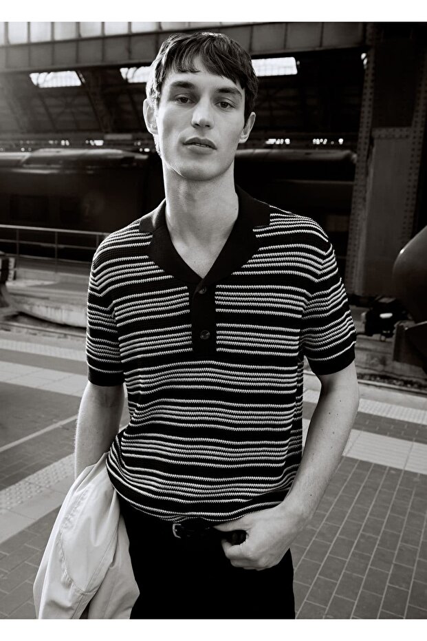 Triko çizgili polo gömlek - 6