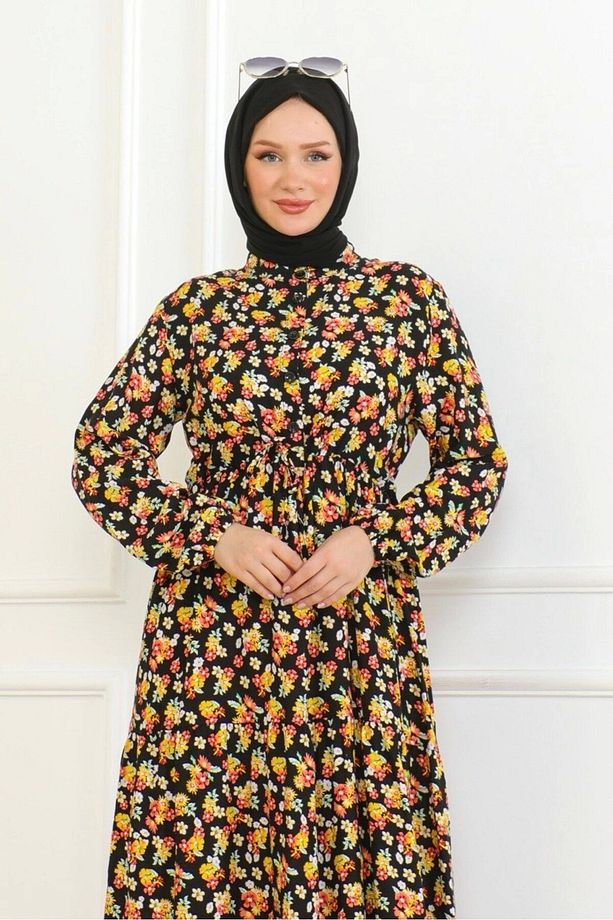 Çiçek Desenli Bağlamalı Viskon Kumaş Elbise - Sarı - 5