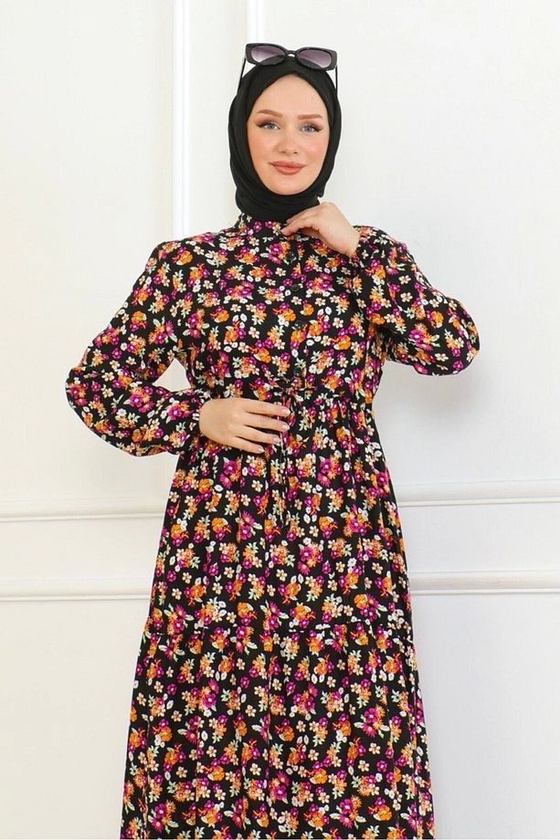 Çiçek Desenli Bağlamalı Viskon Kumaş Elbise - Turuncu/Pembe çiçekler - 5