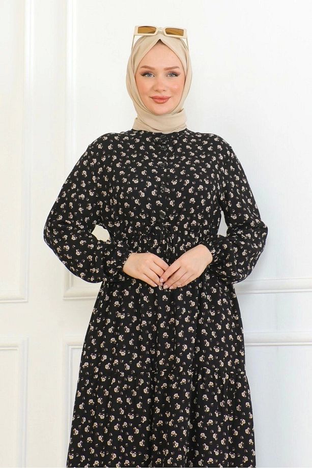 Gül Desenli Viskon Elbise - Kahve - 6