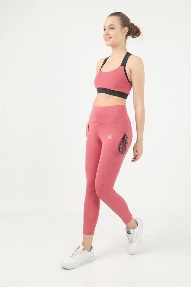 Women's Tights Set Dried Rose High Waist Recovery Double Pocket Tights and Pad Supported Bustier 3057