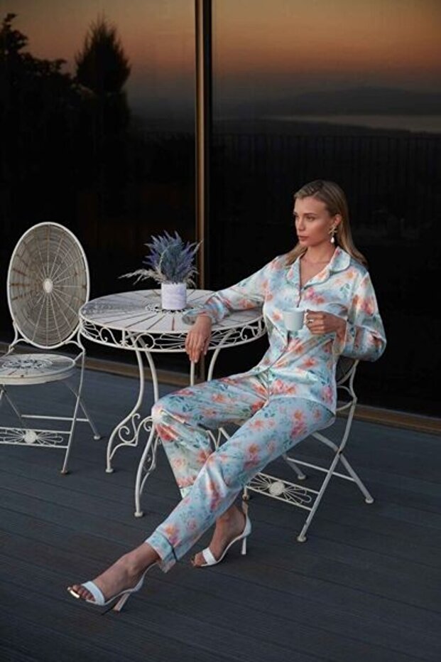 Floral Patterned Buttoned Pajamas Set Mint - 1