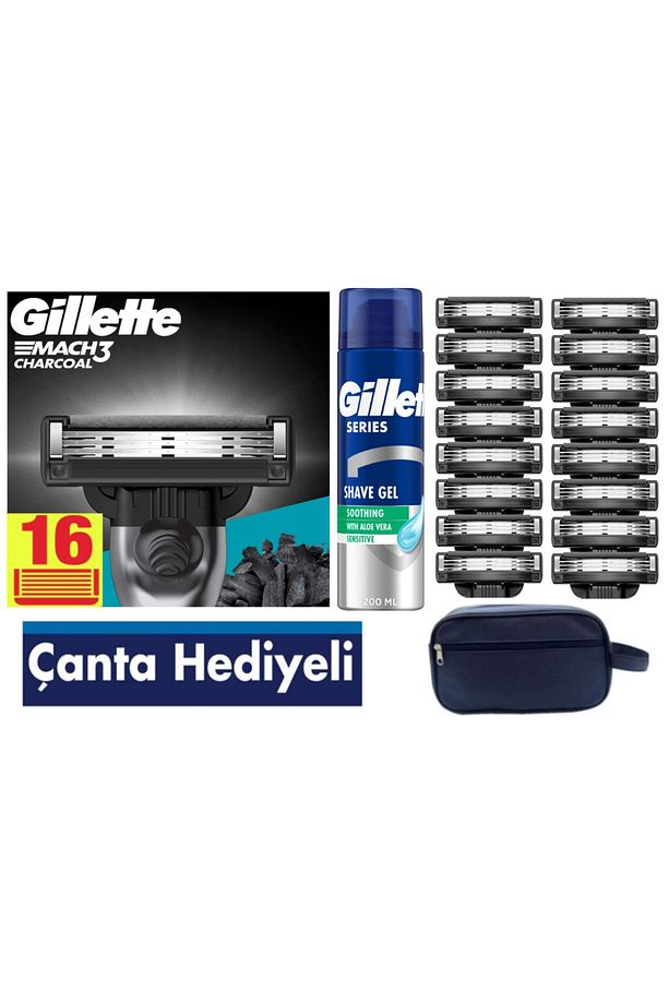 Mach3 Charcoal 16 adet yedek Tıraş Bıçağı + 200 ML Jel + Çanta - 1