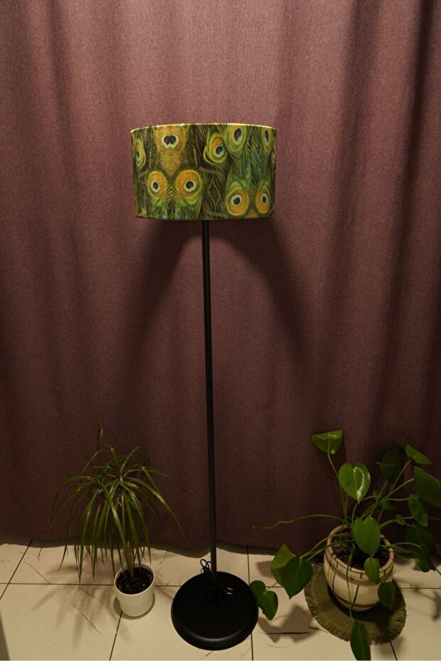 Siyah Ayaklı Baskılı Yeşil Kuş Gözü Kumaş Lambader Tek Ayaklı Dekoratif Salon Yatak Odası - 1