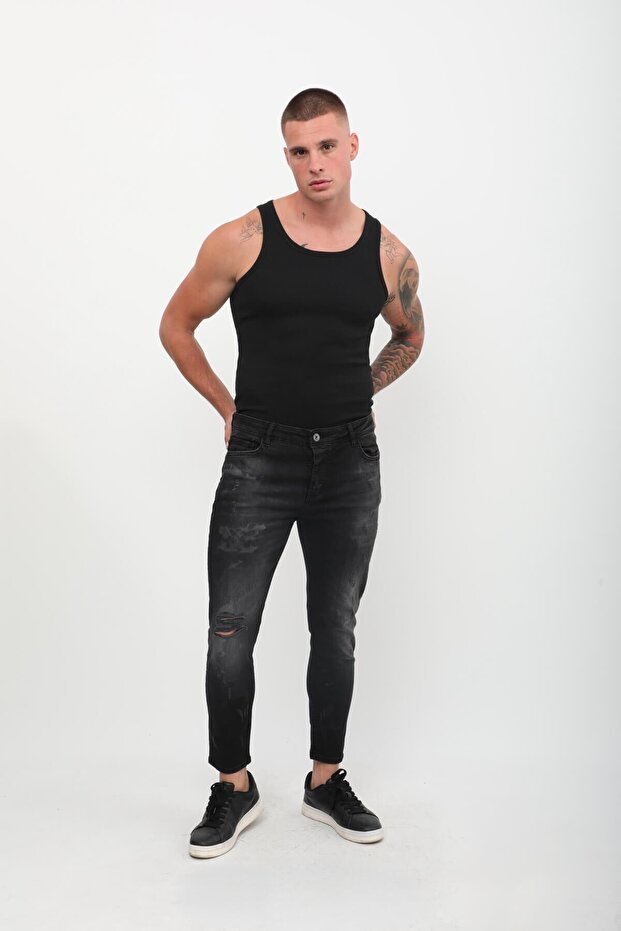 Men's Skinny Fit Ripped Detailed Jeans Black