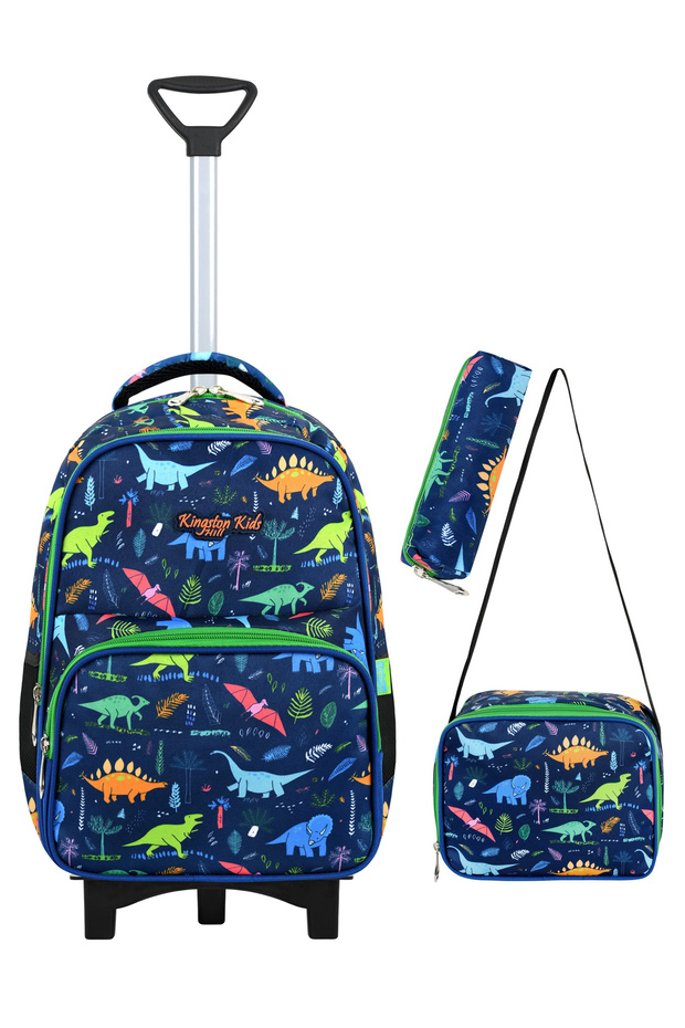 Dinosaur Rickshaw 3-Piece Primary School Bag Set - Fixed Rickshaw Mechanism (Foldable Front Leg)