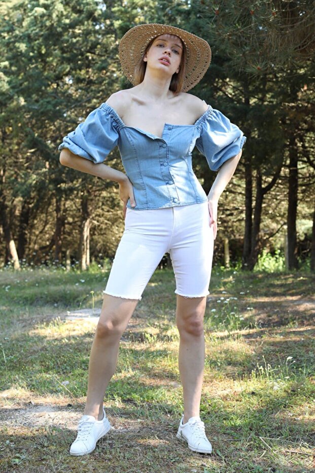 Kadın Beyaz Bermuda Jean Şort - 1