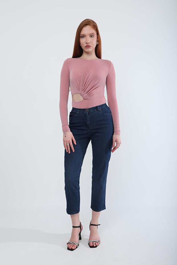 Women's Elastic Waist Lycra Stretch Jean Trousers Dark Blue