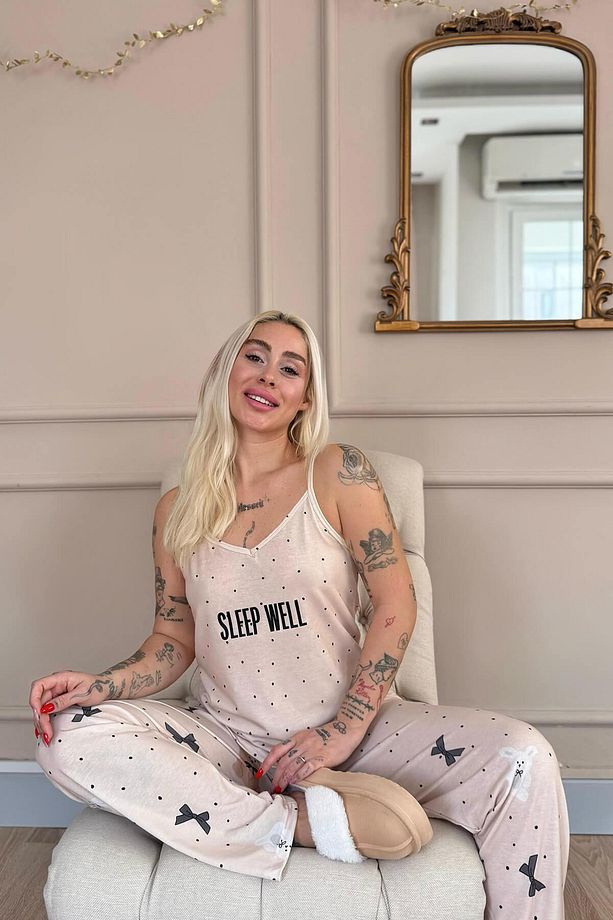 Bej Sleep Well Baskılı Ip Askılı Örme Kadın Pijama Takımı - 3