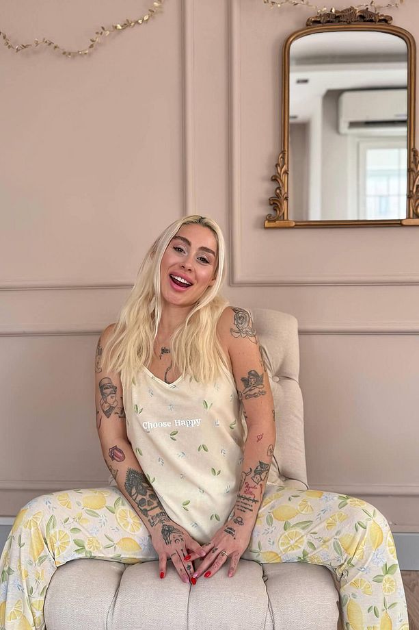 Choose Happy Baskılı Ip Askılı Örme Kadın Pijama Takımı - 5