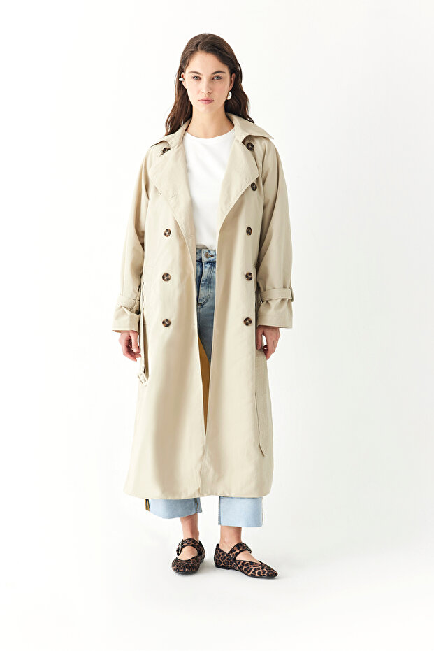 Long Trench Coat with Buttoned Ankle Belt