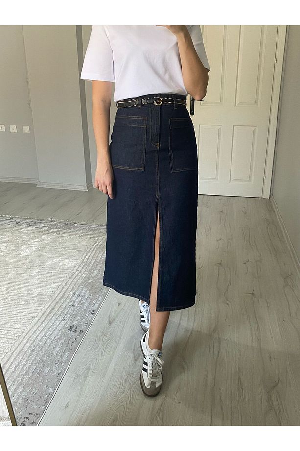 Koyu Lacivert Yırtmaçlı Denim Etek - 1